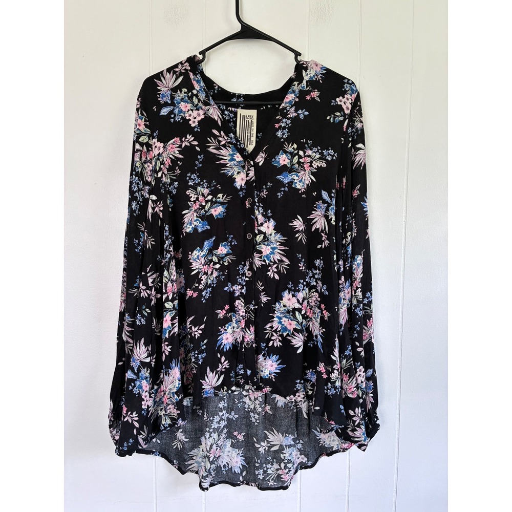 Free People Floral Button Down Blouse Black High Low Long Sleeve XS Made in USA